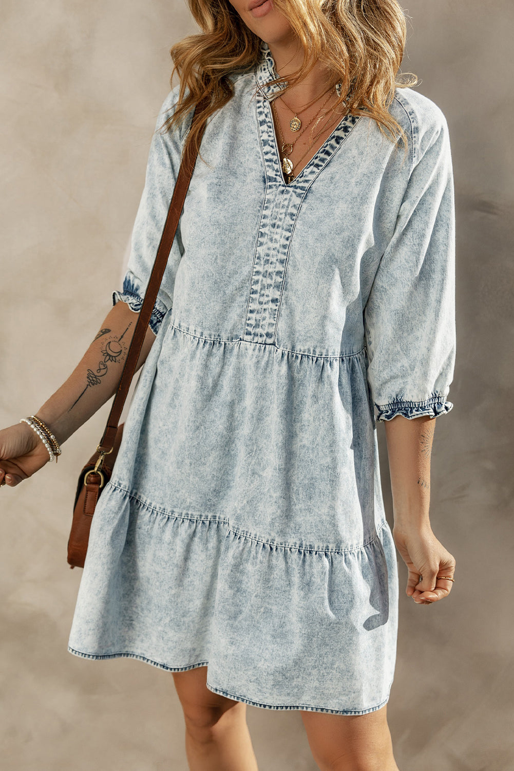 Zaylee Acid Wash Retro Half Sleeve Flared Denim Dress - Love Salve